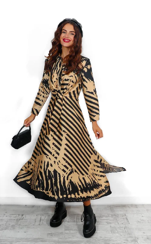 Hottie With Ambition - Black Beige Stripe Printed Midi Sleeve