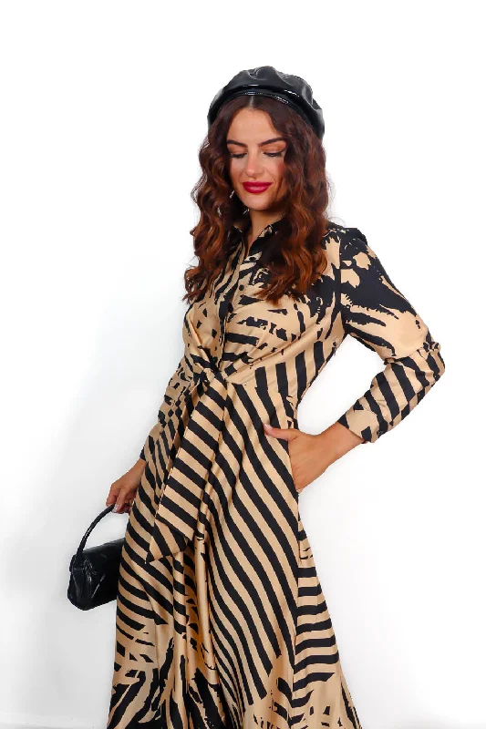 Hottie With Ambition - Black Beige Stripe Printed Midi Sleeve