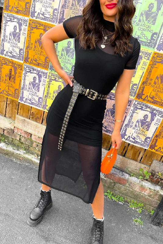 Its Sheer Luck - Black Mesh Overlay Midi Dress