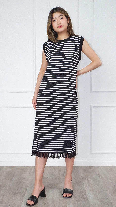 Kara Sleeveless Yarn Knit Midi Dress With Stripes