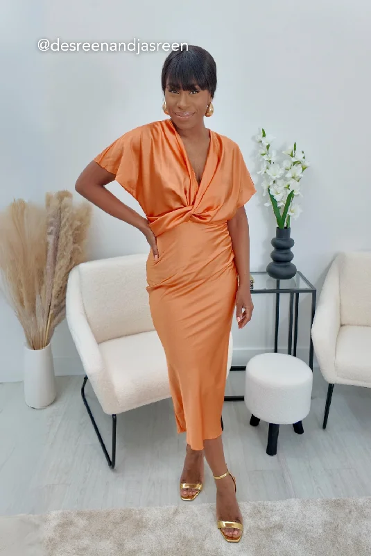 Knot Your Average - Orange Knot Front Satin Maxi Dress