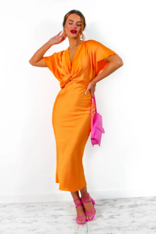 Knot Your Average - Orange Knot Front Satin Maxi Dress