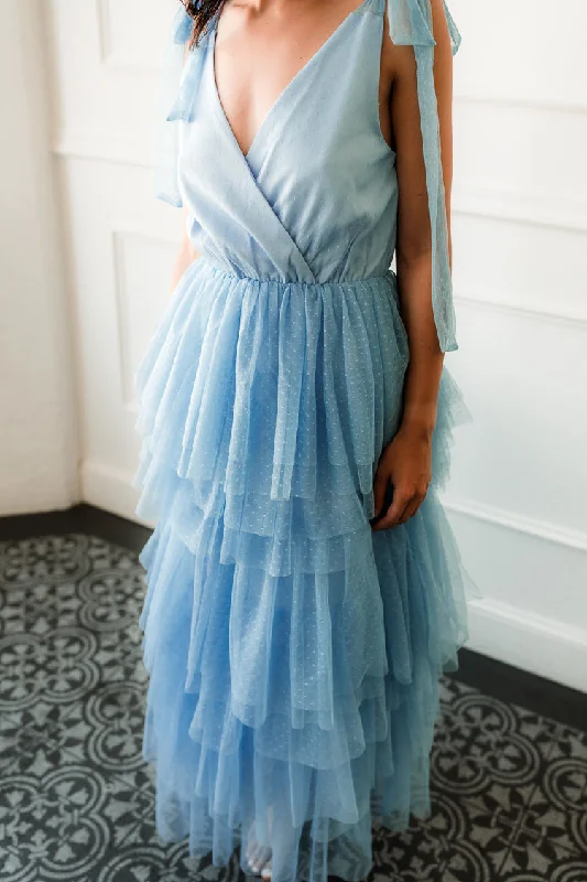 Mare Tiered Blue Tulle Midi Dress