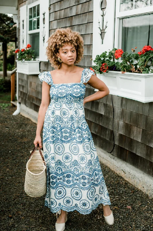 Marisol Blue and White Eyelet Midi Dress