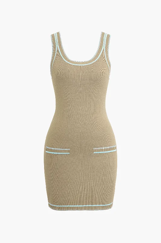 Knit Contrast Whipstitching Backless Mini Dress