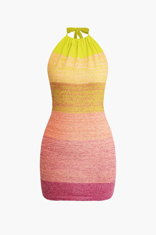 Ombre Backless Knit Halter Mini  Dress