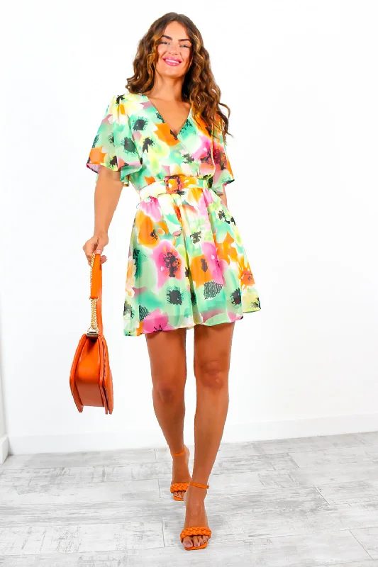 Mi Amore - Green Pink Multi Floral Belted Mini Dress