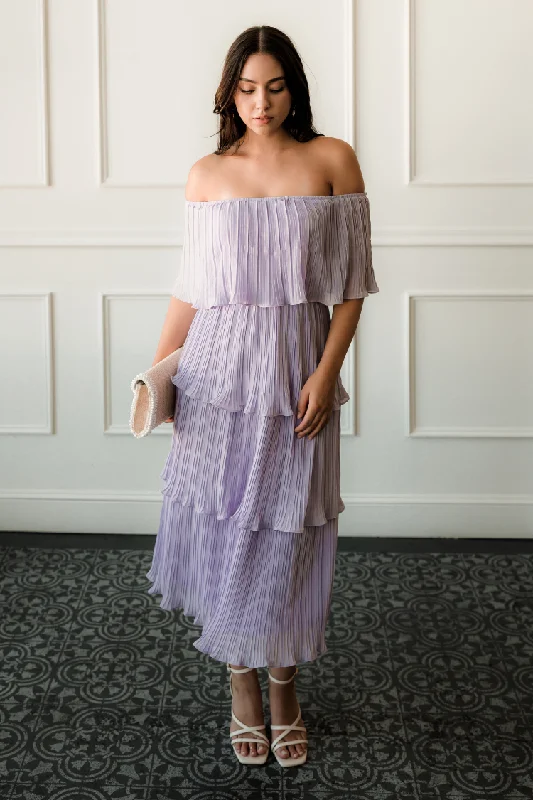 Natasha Pleated Off the Shoulder Lilac Midi