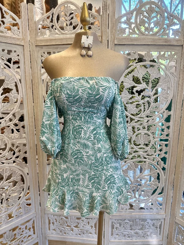 Off Shoulder Leaf Pattern Mini Dress