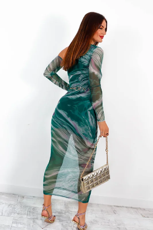 One And Only - Green Tie-Dye Mesh One Shoulder Midi Dress