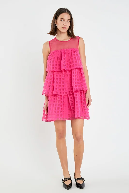 Organza Gridded Tiered Sleeveless Mini Dress - Final Sale