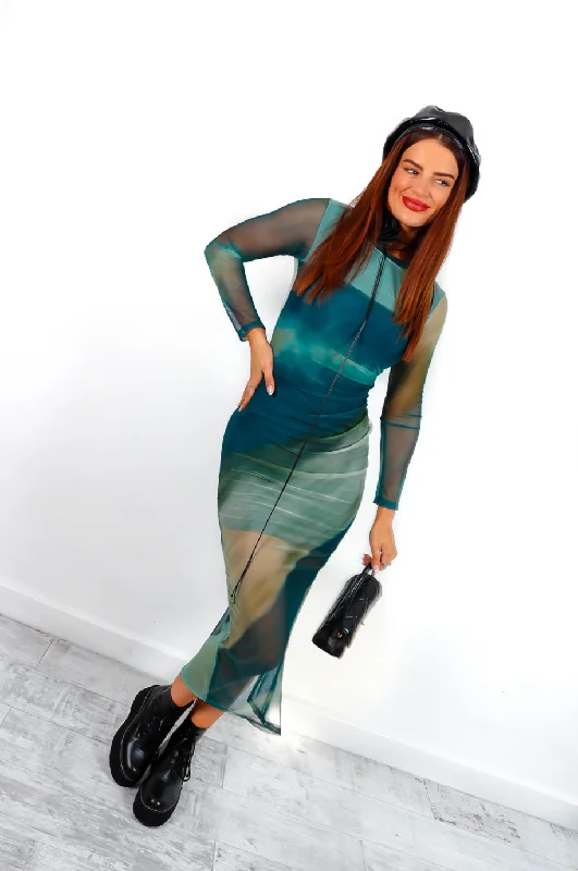 Out Of This World - Olive Tie Dye Mesh Midi Dress