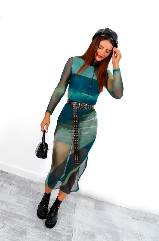 Out Of This World - Olive Tie Dye Mesh Midi Dress