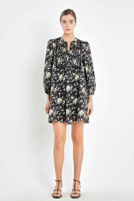 Pintuck Floral Mini Dress