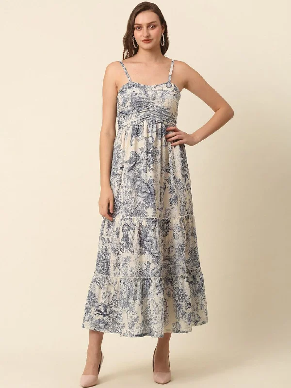 plusS Beige Conversational Printed Shoulder Straps Tiered Fit  Flare Maxi Dress