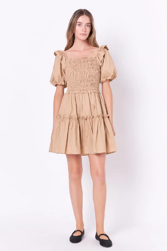 Poplin Smocked Puff Sleeve Mini Dress