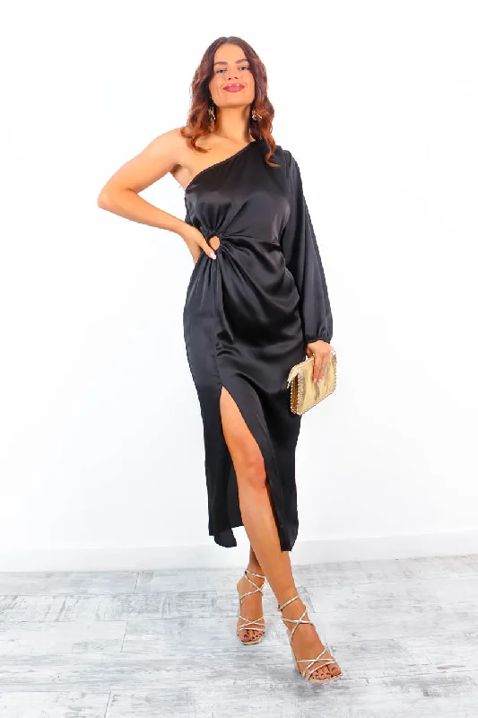 Ring My Bell - Black One Shoulder Draped Midi Dress