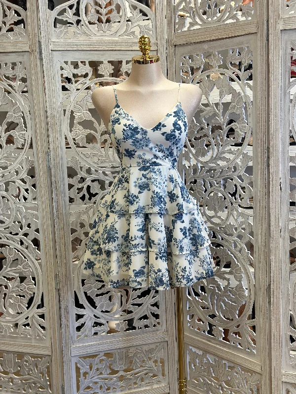 Ruffled Blue Floral Mini Dress- Slightly Stretchy