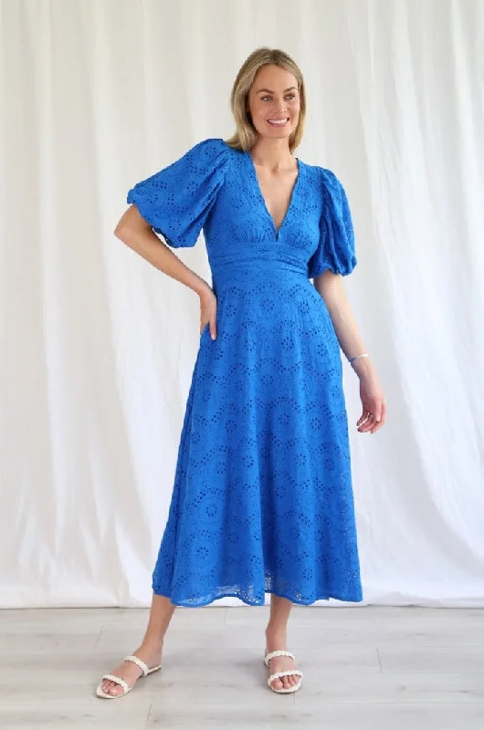 Salty Bright Lana Broderie Midi Dress Blue