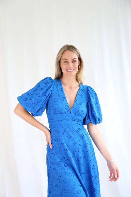 Salty Bright Lana Broderie Midi Dress Blue