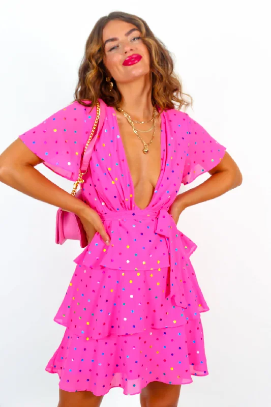 Save Your Tiers - Pink Multi Foil Spot Tiered Frill Mini Dress