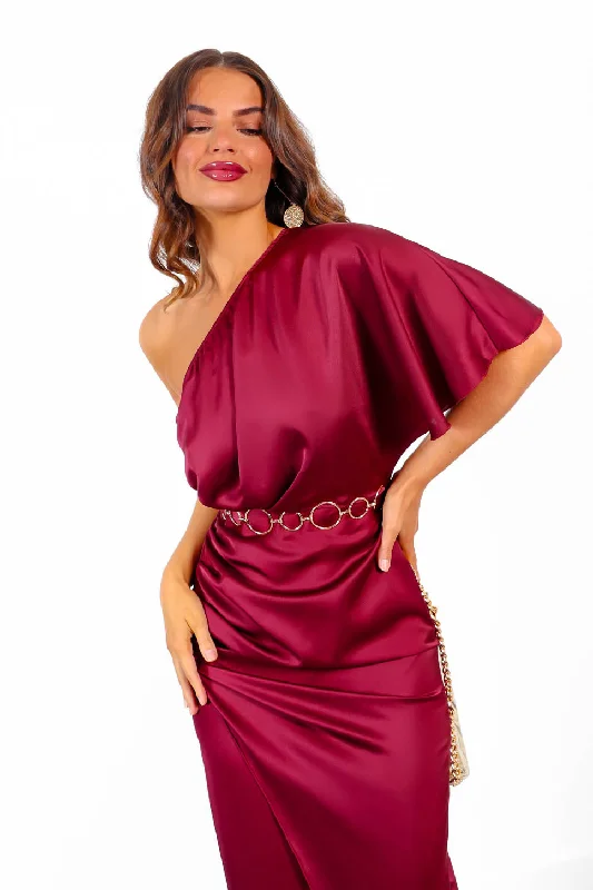 Shes A Dream - Wine Satin One Shoulder Midi Dress