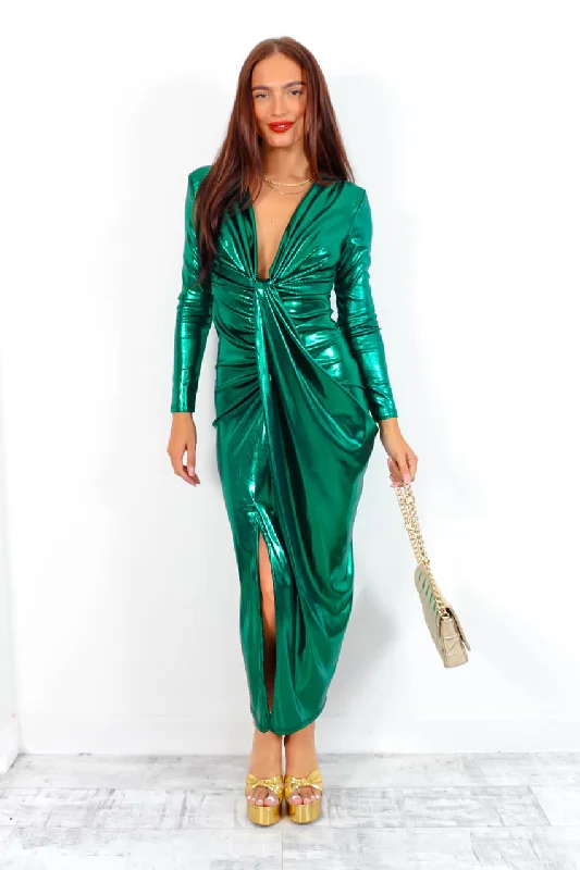 Shes Frisky - Forest Metallic Plunge Midi Dress