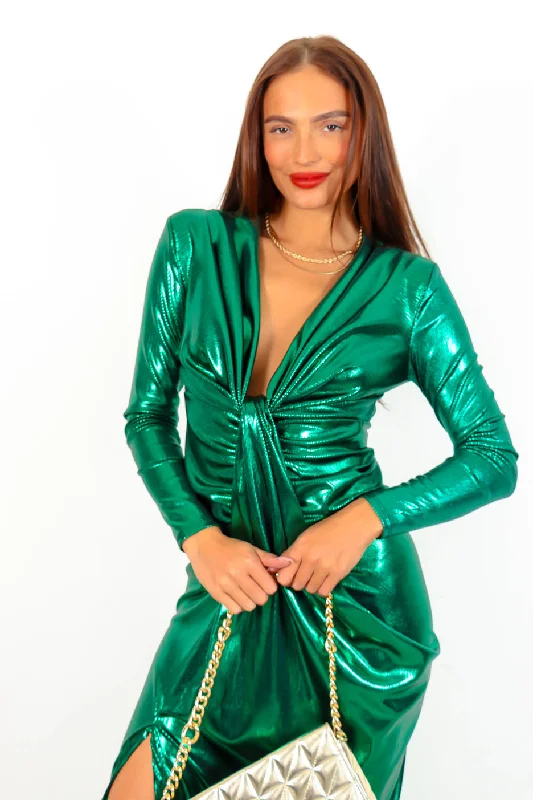 Shes Frisky - Forest Metallic Plunge Midi Dress