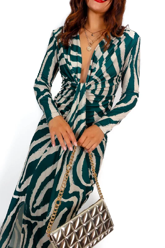 Shes Frisky - Green Zebra Plunge Midi Dress