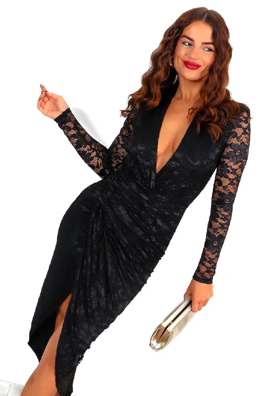 Simple And Elegant - Black Lace Long Sleeve Midi Dress