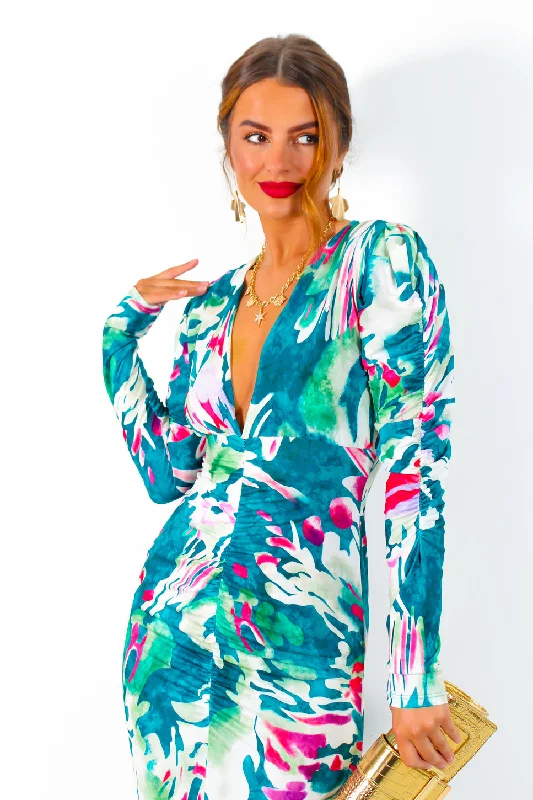 Stay A While - Green Multi Abstract Print Ruched Midi Dress