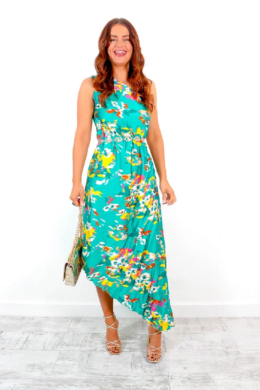 Stay Classy - Forest Multi Floral One Shoulder Pleated Midi Dress