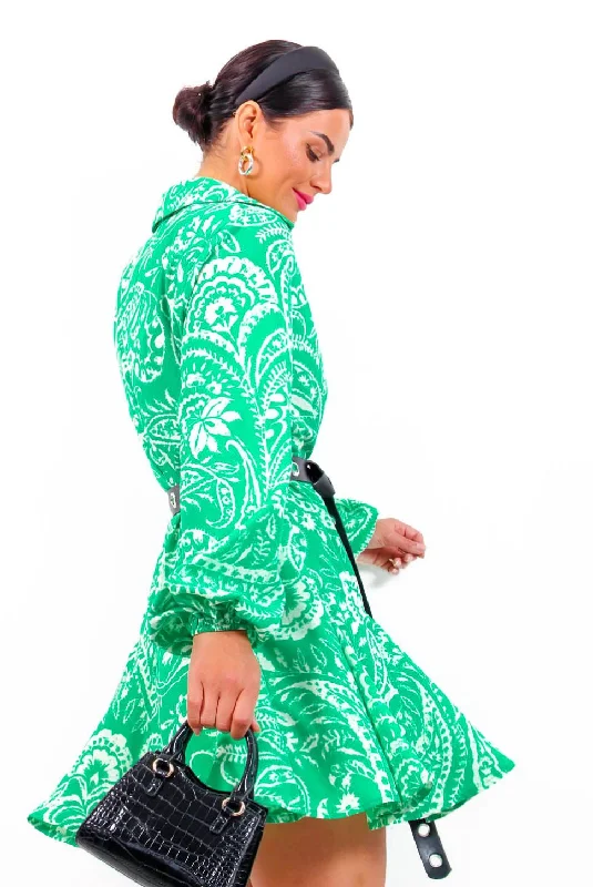 Take It Or Leave It - Green White Paisley Mini Dress