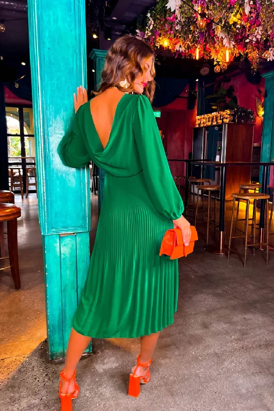 Tell Me Something - Green Cowl Neck Pleated Midi Dress