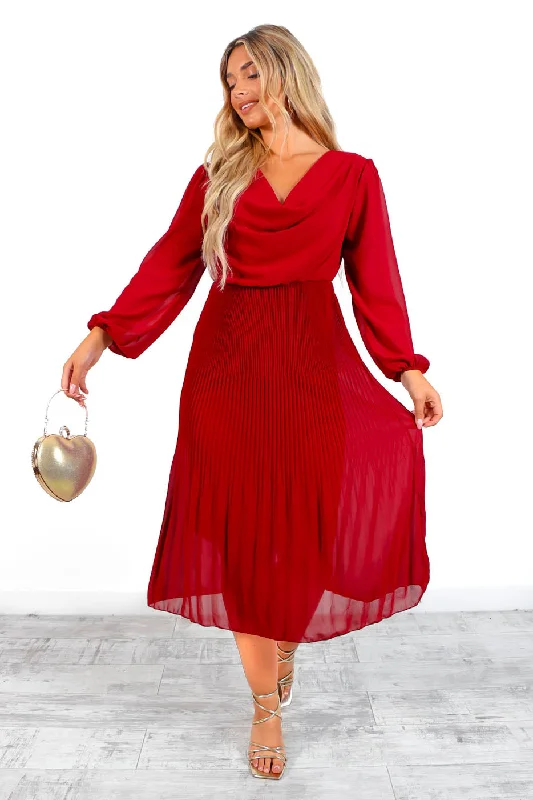 Tell Me Something - Wine Cowl Neck Pleated Midi Dress