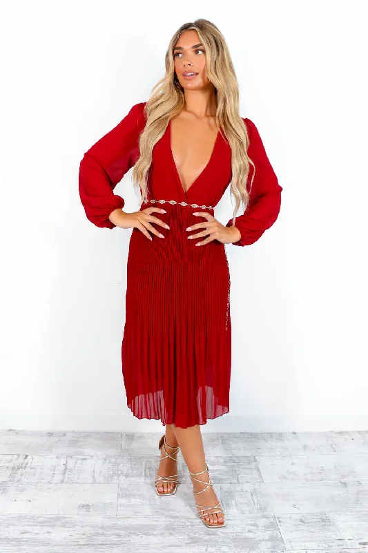 Tell Me Something - Wine Cowl Neck Pleated Midi Dress