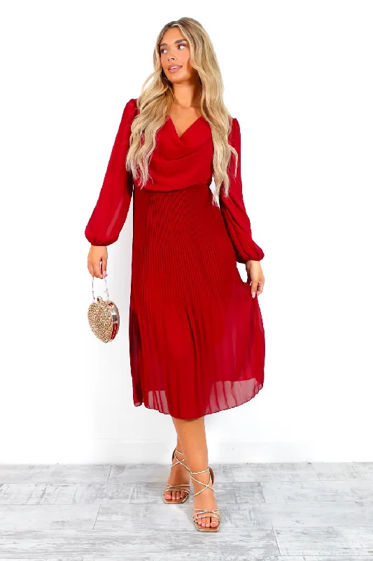 Tell Me Something - Wine Cowl Neck Pleated Midi Dress