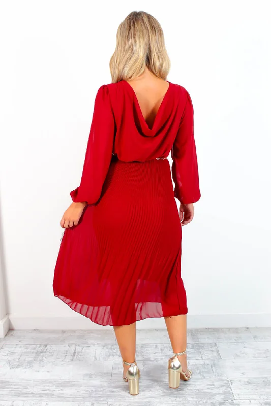 Tell Me Something - Wine Cowl Neck Pleated Midi Dress