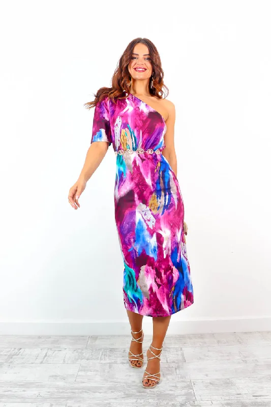 Wanderin Free - Magenta Multi Abstract One Shoulder Midi Dress