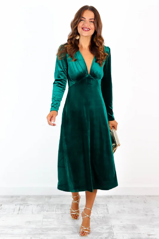 What A Beauty - Forest Velvet Plunge Midi Dress