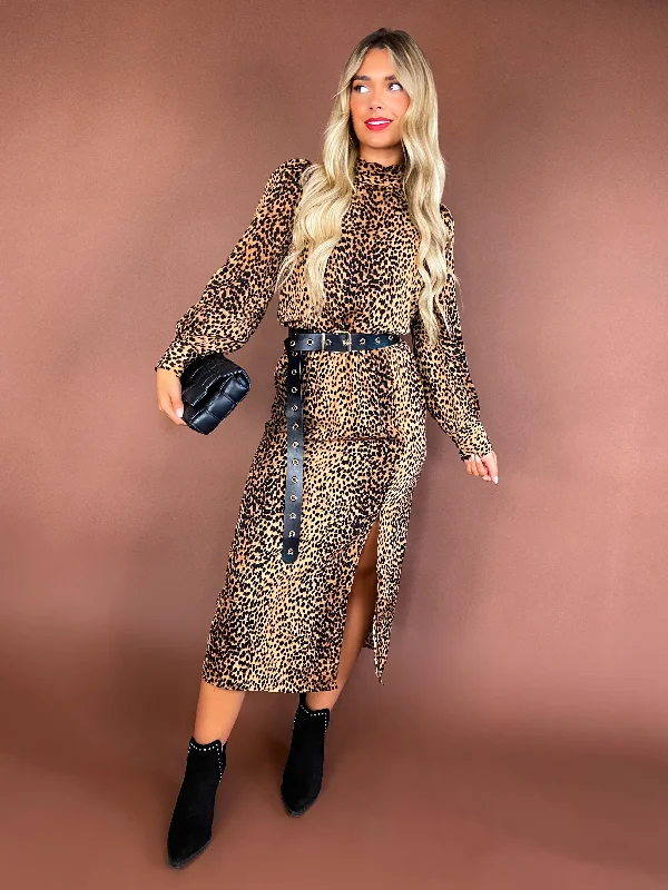 Wild Instincts - Beige High Neck Animal Print Midi Dress