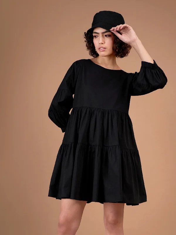 Women Black Poplin Drop Shoulder Tiered Mini Dress