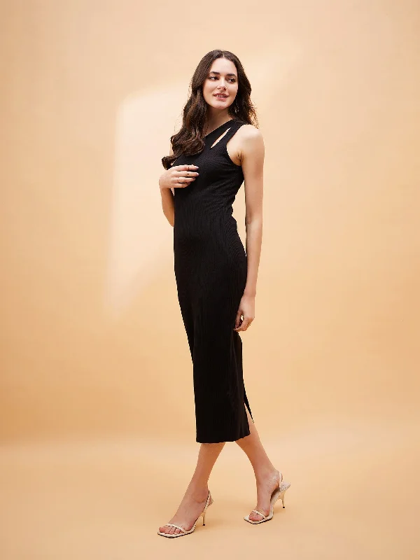 Women Black Rib One Shoulder Midi Dress