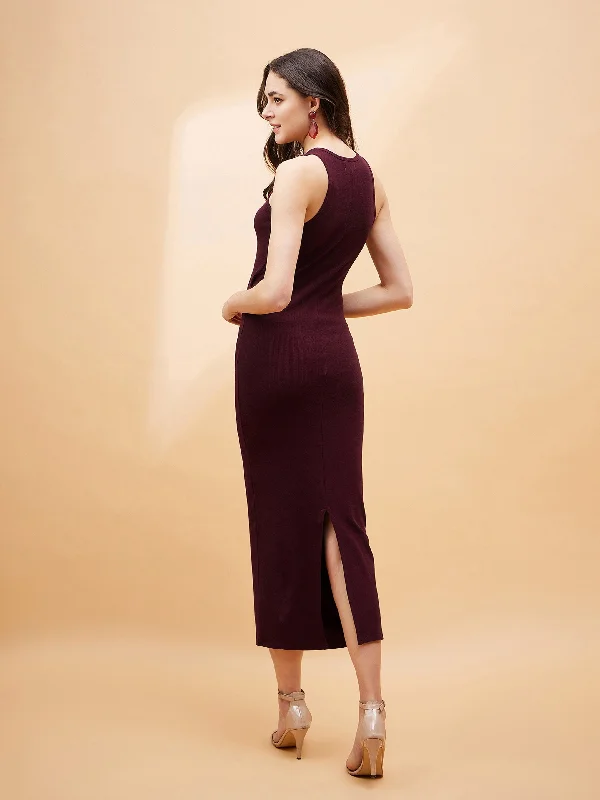 Women Burgundy Front Cut Out Rib Midi Dress