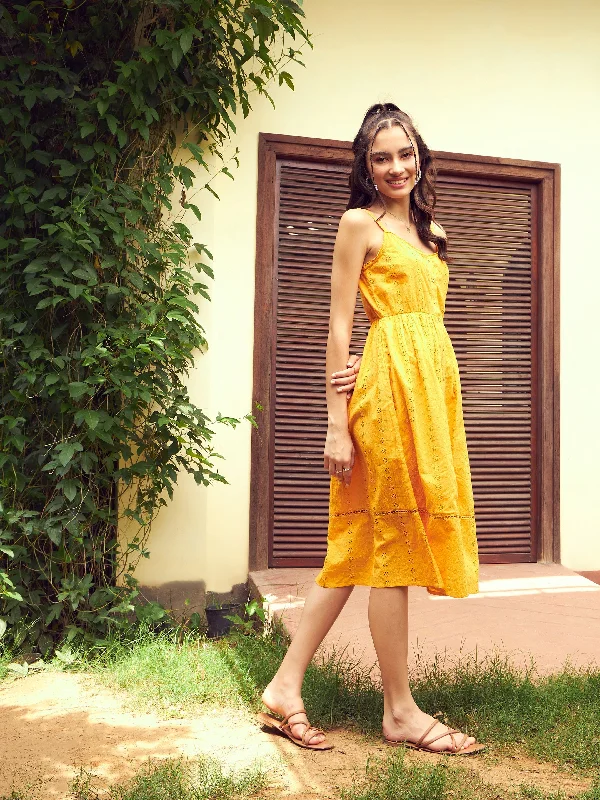 Women Mustard Schiffli Strappy Midi Dress