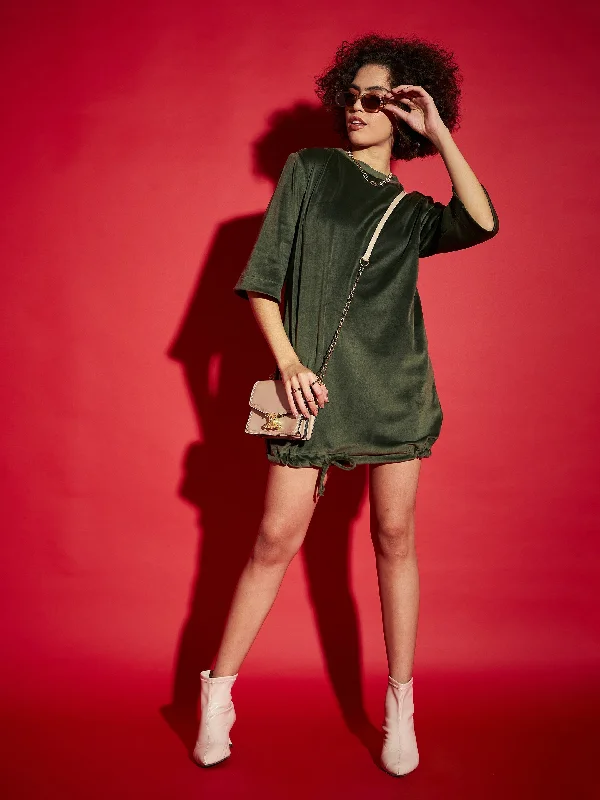 Women Olive Velour Tie Hem Mini Dress