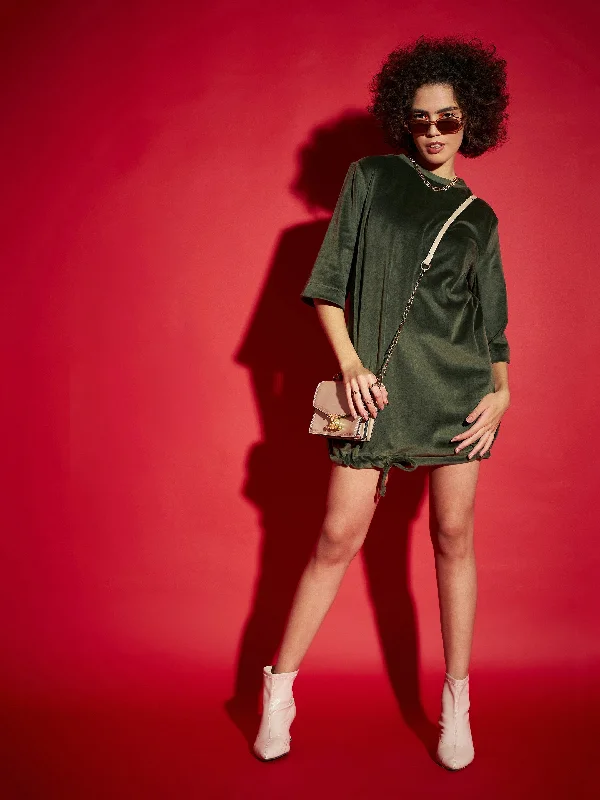 Women Olive Velour Tie Hem Mini Dress