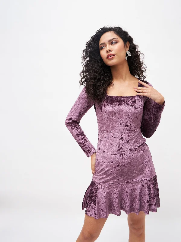 Women Purple Velvet Frill Hem Mini Dress