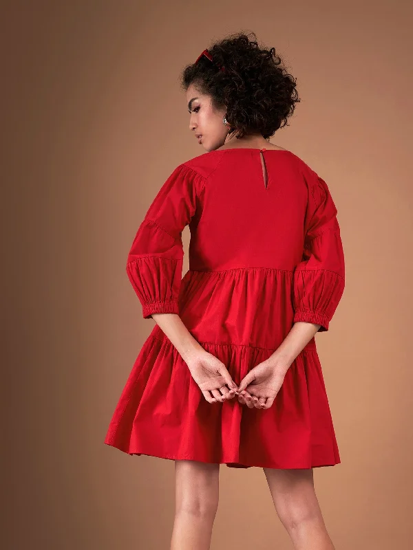 Women Red Poplin Drop Shoulder Tiered Mini Dress