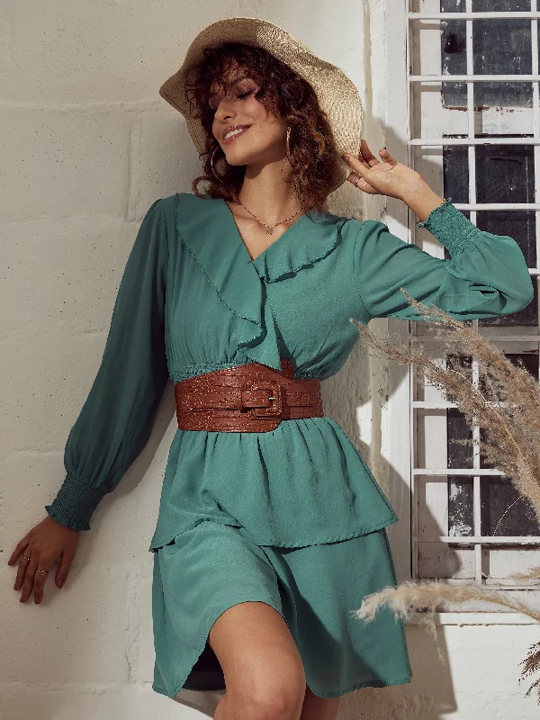 Women Sea Green Smoked Waist Flared Mini Dress